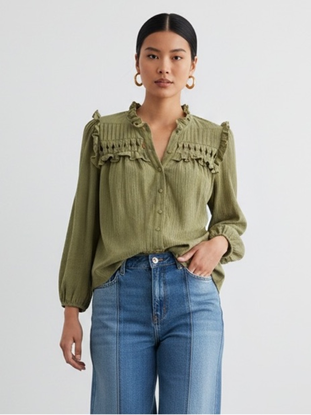 1522 • Olive Cotton Gauze Open Work Yoke Ruffle Trim Lined Blouse - Picture 2 of 8